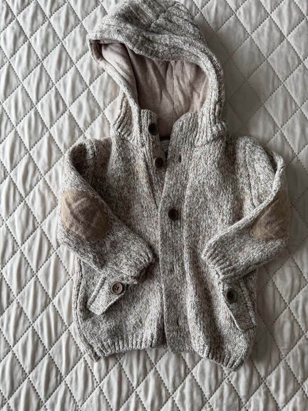 Zara Knit Hooded Cardigan Sweater Beige Elbow Patches
